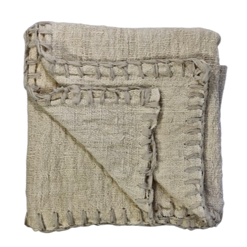 04-277.28| Hand Woven Cotton Throw Natural Blanket Stitch 250x120cm Natural