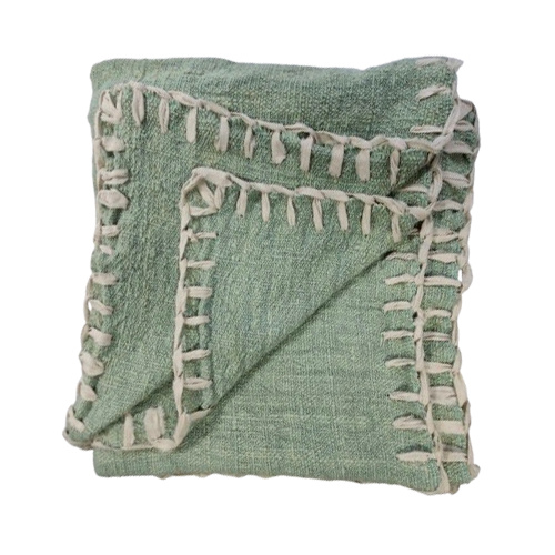 04-474.20 | Hand Woven Cotton Throw Solid Blanket Stitch 250x120cm Mint
