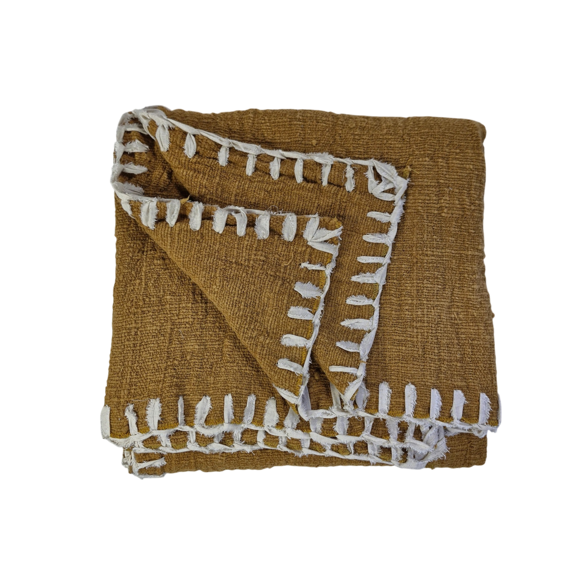 04-073.24| Hand Woven Cotton Throw Solid Blanket Stitch 250x120cm Mustard